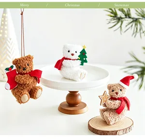Three styles of festive plush bear ornaments in a cozy Christmas scene setting.