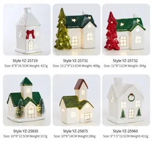 Six modèles de maisons de Noël lumineuses en céramique avec dimensions et poids détaillés