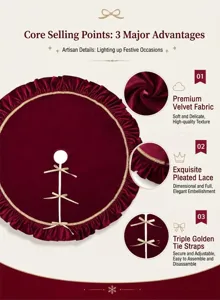 Detail view of premium burgundy velvet Christmas tree skirt with golden ruffles and bows