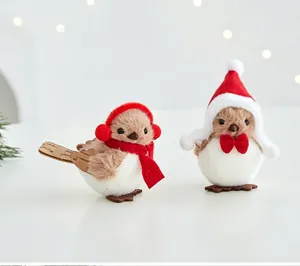 Pair of cute Christmas plush bird ornaments with red scarf and Santa hat detail