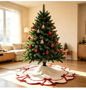 Elegant white plush Christmas tree skirt with wavy edges and festive red bow decorations.