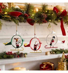 Set of three iron Christmas helicopter ornaments with Santa, reindeer, and snowman.