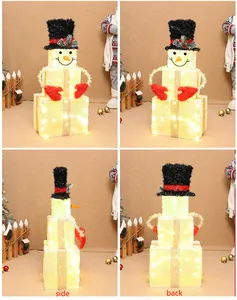 Detailed four-way views of a glowing Christmas snowman ornament made from stacked gift boxes.