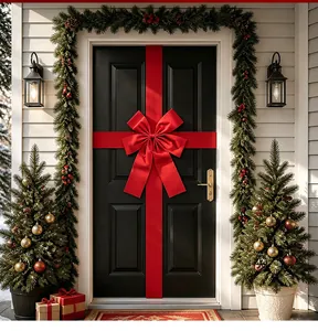 Detailed view of a large red velvet Christmas bow and ribbon decorating a black front door