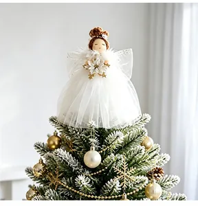 Elegant angel Christmas tree topper featuring a white tulle dress and flower detail.