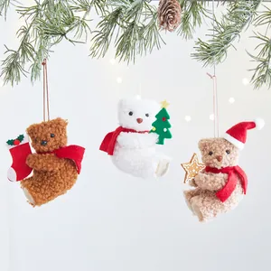 Three cute plush teddy bear Christmas hanging ornaments with festive accessories