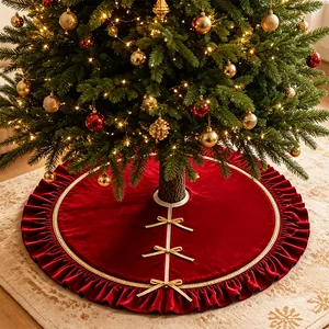 Red Velvet Christmas Tree Skirt With Gold Bowknot Ruffle Edge Decorative Tree Mat For Holiday Party Mall Hotel Home Decor