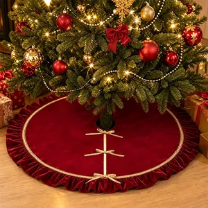 120cm Burgundy Velvet Christmas Tree Skirt with Elegant Gold Bows and Ruffle Edge