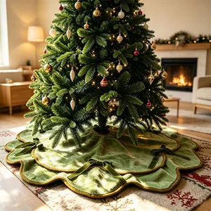Plush green Christmas tree skirt with wavy edges and decorative bows in a cozy setting