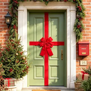 Large red velvet Christmas bow decoration for front door with elegant green backdrop
