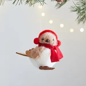 Adorable plush bird ornament with red scarf and earmuffs for Christmas tree decor