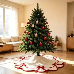 White plush Christmas tree skirt with wavy edges and red velvet bow ribbons decoration.