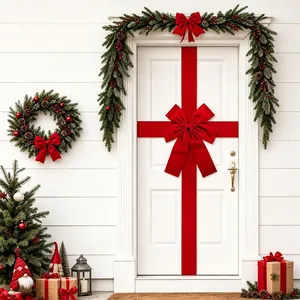 Large red velvet Christmas door bow with ribbon for festive home front door decoration