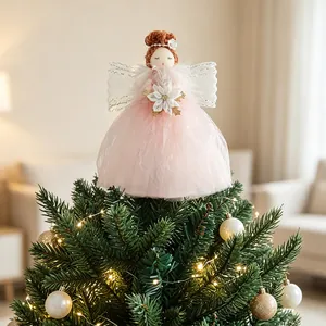 Exquisite Christmas angel tree topper featuring a pink tulle dress and floral accents