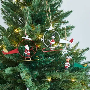 Vintage metal helicopter Christmas tree ornaments set of 3 with Santa Snowman Reindeer