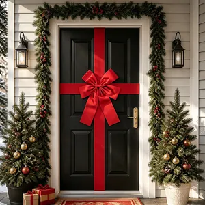 Large red velvet Christmas bow for front door decoration set