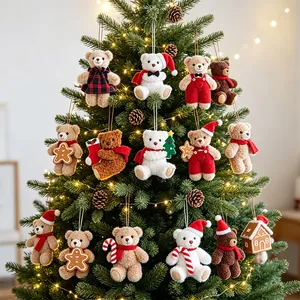 Assorted plush Christmas teddy bear ornaments hanging on a warm lit festive tree.