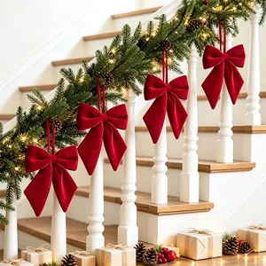 Set of premium red velvet Christmas bows for elegant staircase and tree home decor