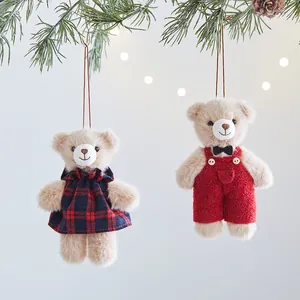 Adorable Christmas teddy bear plush hanging ornaments with plaid dress and red overalls
