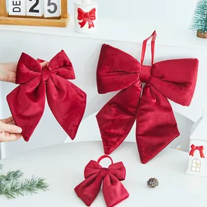 Red Christmas Bow Hanging Ornament Plush Velvet Long Tail Bowknot For Christmas Tree Scene Decoration Festive Home Decor
