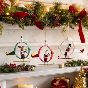 Festive set of three metal helicopter Christmas hanging ornaments with Santa Reindeer Snowman