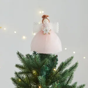 Eleganter rosa Tüll-Engel Weihnachtsbaumspitze mit Schneeflocke für festliche Deko