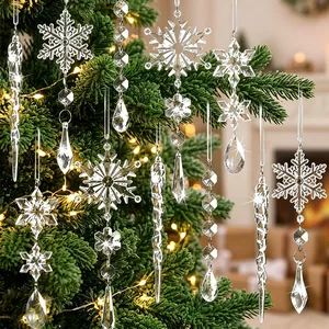 Elegant set of transparent acrylic snowflake and icicle Christmas tree ornaments