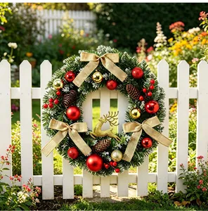 Gros plan d'une couronne de Noël avec boules rouges et renne doré sur une clôture blanche