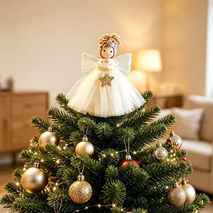Handcrafted white angel Christmas tree topper with glittery gold star accent
