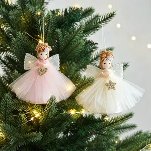 Cute Christmas angel doll ornaments with mesh tutu and lace wings on a tree