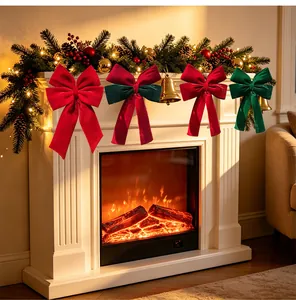 Large Christmas velvet bows decorating a warm fireplace garland for festive home decor