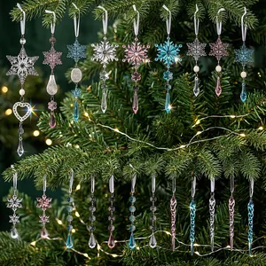 Set di Ornamenti Natalizi in Acrilico Trasparenti Rosa Blu Fiocchi di Neve Ghiaccioli Ciondoli a Cuore Decorazione Sospesa per Casa Festa