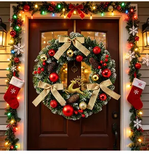 Vue détaillée d'une couronne de Noël avec renne doré et boules rouges sur porte