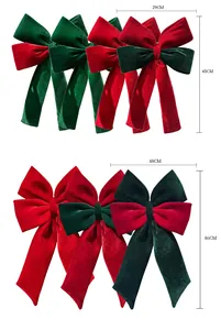 Detail view showing dimensions of large red and green velvet Christmas bows