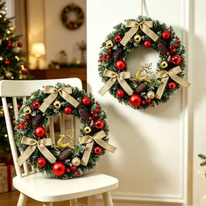 HH2504 Couronne de Noël de Luxe Avec Renne Pommes de Pin Baies Nœud en Lin Or Rouge Ornements pour Porte Mur Fenêtre Décoration de Noël