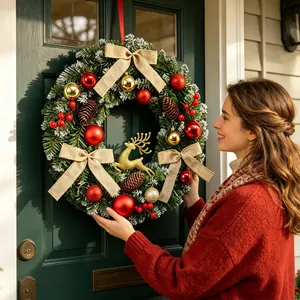 Couronne de Noël verte avec ornements rouges et nœuds en toile de jute
