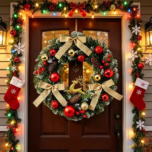 Couronne de Noël festive avec lumières LED et renne doré pour décoration de porte