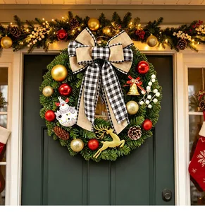 Detailansicht eines Weihnachtskranzes mit karierter Schleife und festlichem Schmuck an einer Tür