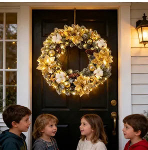 Illuminated Christmas wreath featuring gold poinsettias and warm LED lights on a black door