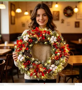 Close-up of a festive light-up Christmas wreath with red poinsettias and cotton bolls.