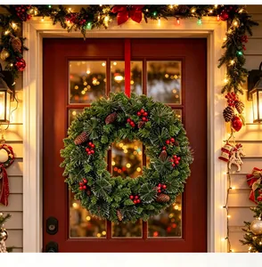 Traditional festive Christmas wreath with pine cones and red berries hanging on a red door
