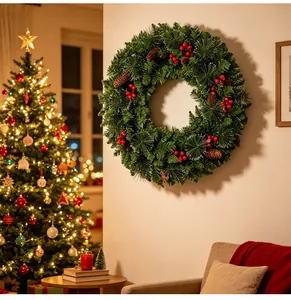 Traditional Christmas wreath with red berries and pine cones hanging on a cozy wall