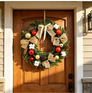 Couronne de Noël classique avec pommes de pin et boules rouges sur une porte en bois