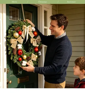Homme accrochant une couronne de Noël avec des nœuds dorés et des boules sur une porte