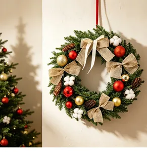 Couronne de Noël traditionnelle avec nœuds en toile de jute, boules rouges et pommes de pin.
