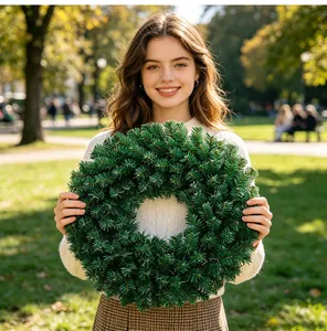 Mujer joven sosteniendo una corona de Navidad de agujas verdes en un parque soleado