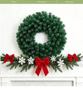 Set de corona y guirnalda de Navidad verde con lazos de terciopelo rojo