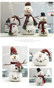Detailweergave van pluchen kerstsneeuwpoppen met geruite sjaals en gebreide mutsen.