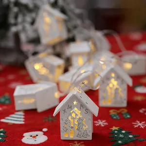 White Wooden LED Christmas String Lights Hollow House Santa Reindeer Snowman Pattern Warm Lighting For Xmas Indoor Hanging Decoration