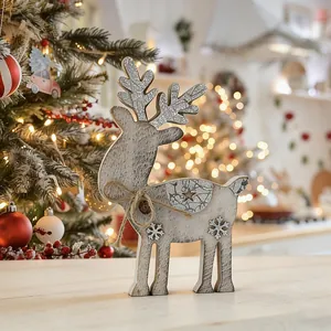 Handcrafted wooden Christmas reindeer ornament with glitter antlers for holiday tabletop decor